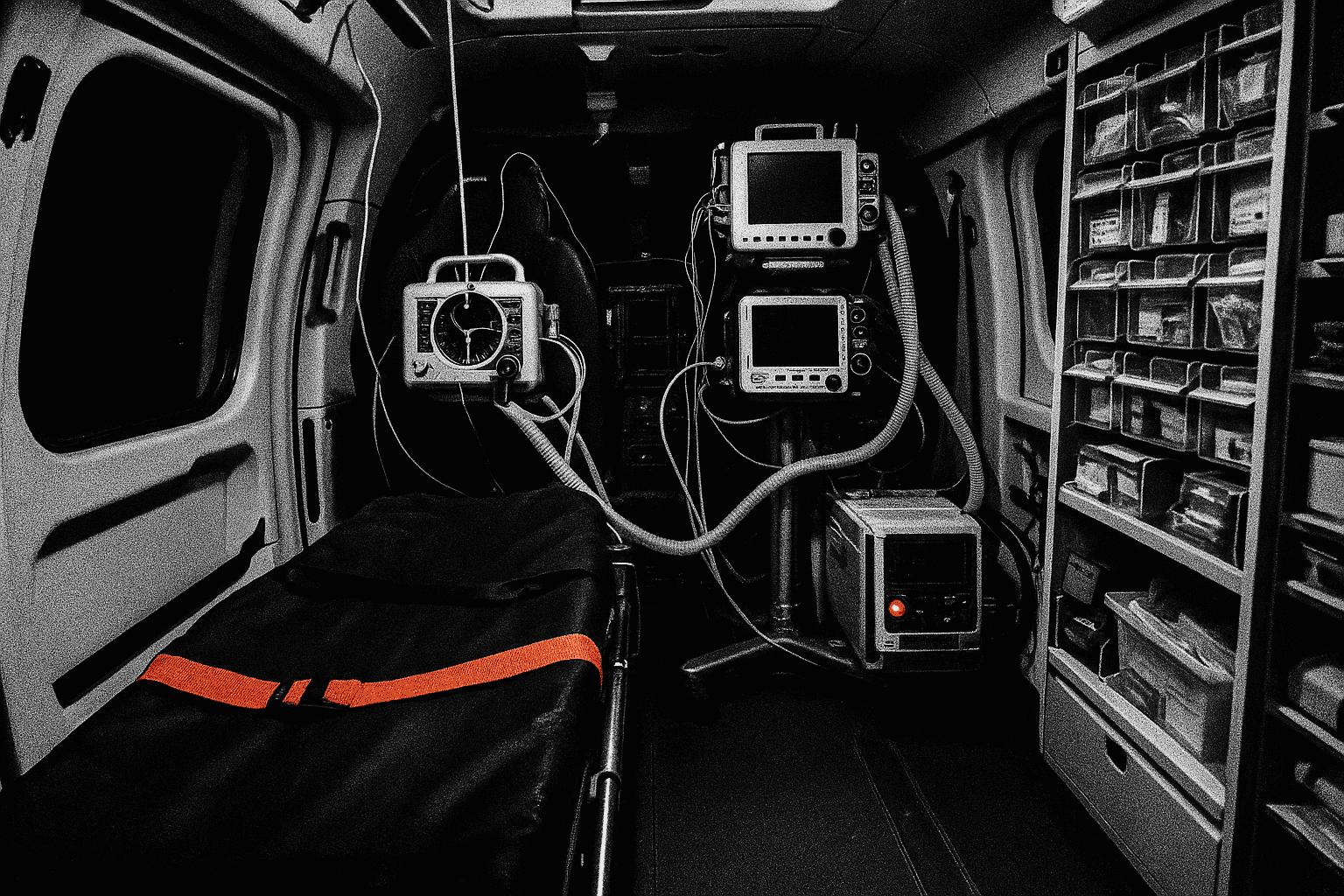 Interior of an AIT Ambulance helicopter cabin configured as an intensive care unit with stretcher, ventilator, and monitoring equipment