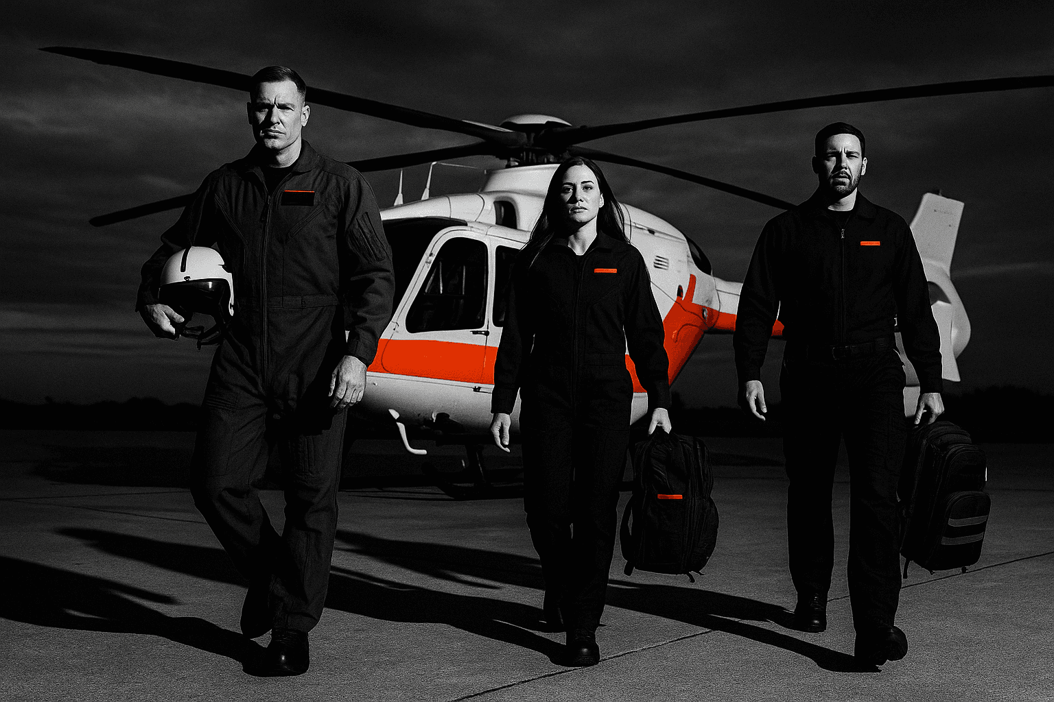 AIT Ambulance flight crew of three — pilot, flight nurse, and flight paramedic — walking across the hangar apron at dawn with a medical helicopter behind them