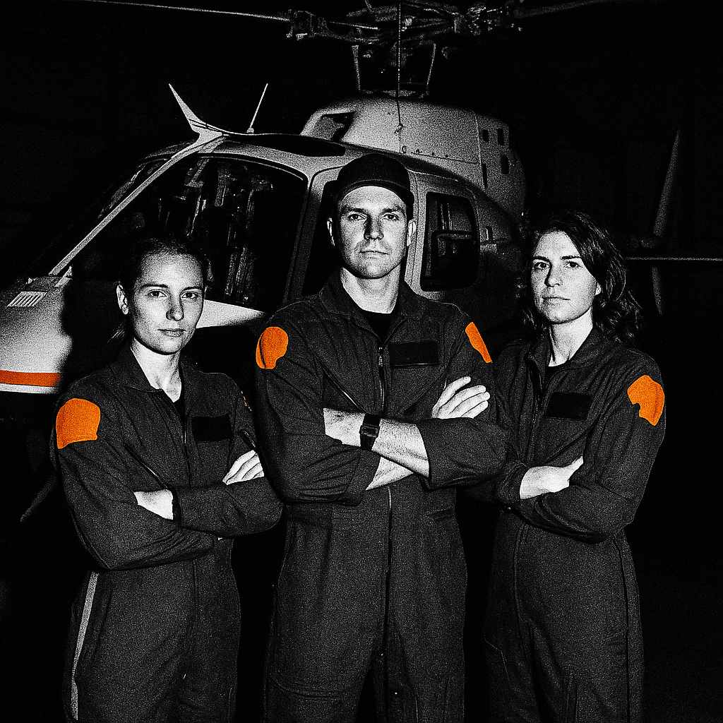 AIT Ambulance flight nurses and pilot standing in front of a medical helicopter in the hangar